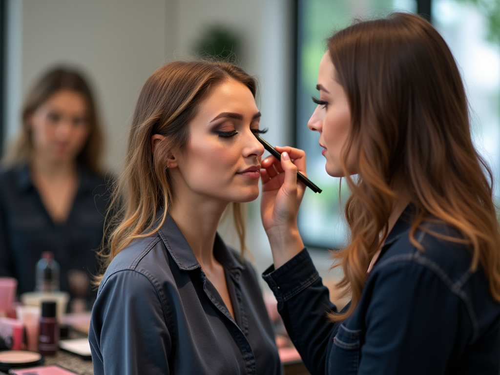 Makeup artist applying cosmetics on a woman in a salon, with reflection visible in mirror.