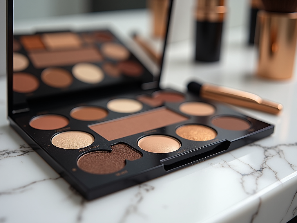 Makeup palette with various shades on a marble countertop, accompanied by brushes and cosmetics.